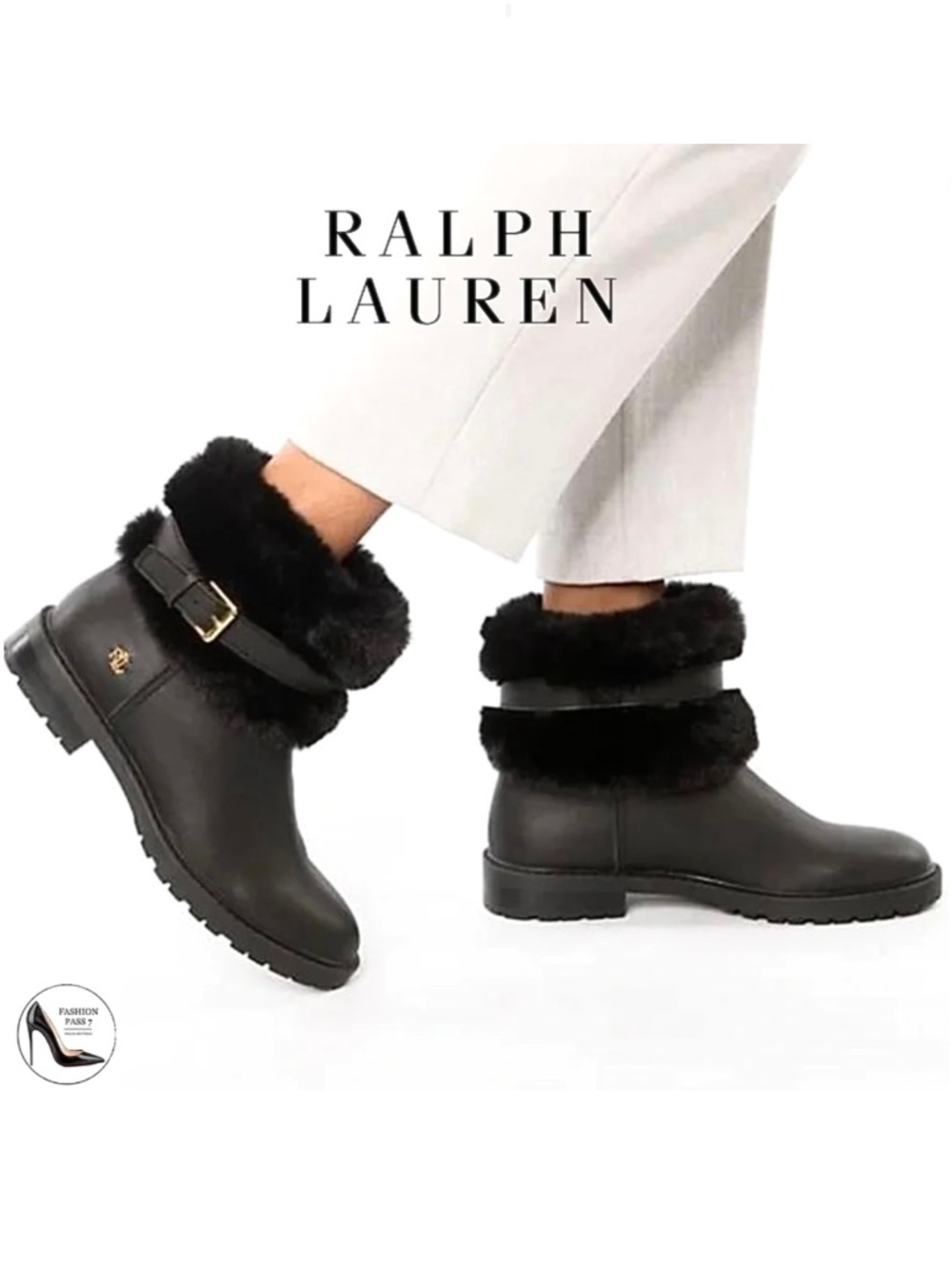 Ralph Lauren Evanston Waterproof Black Leather Winter Warm Fur Moto Boots 7